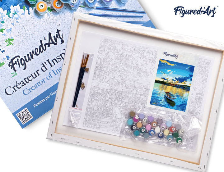 Malen nach Zahlen 40x50cm auf Keilrahmen gespannt Figured’Art Boot und Sonnenaufgang