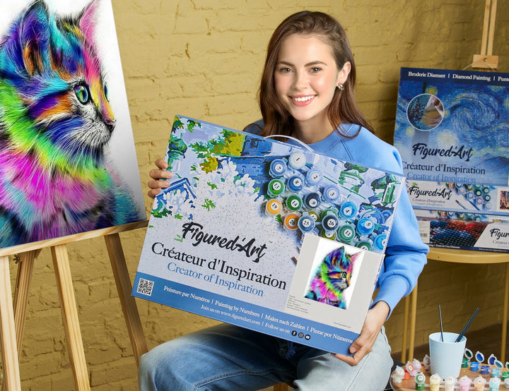 Malen nach Zahlen 40x50cm auf Keilrahmen gespannt Figured’Art Buntes Kätzchen