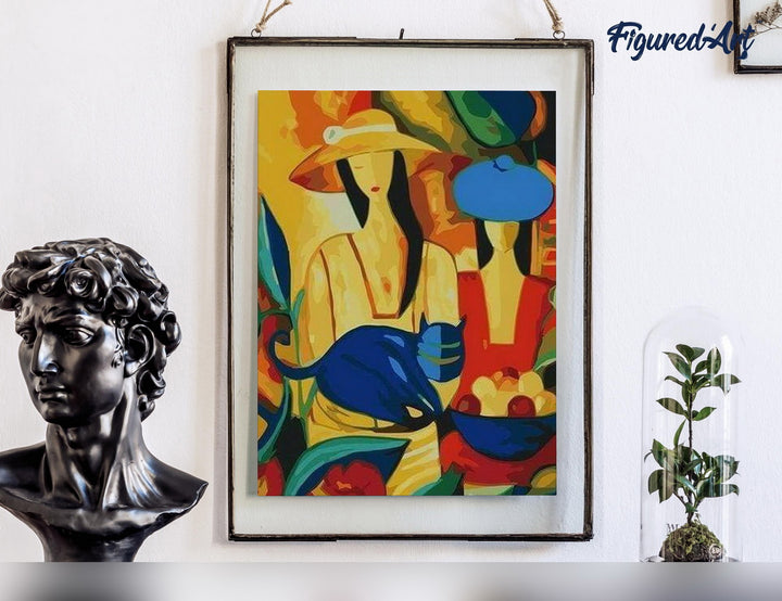 Malen nach Zahlen 40x50cm auf Keilrahmen gespannt Figured’Art Frauen und blaue Katze