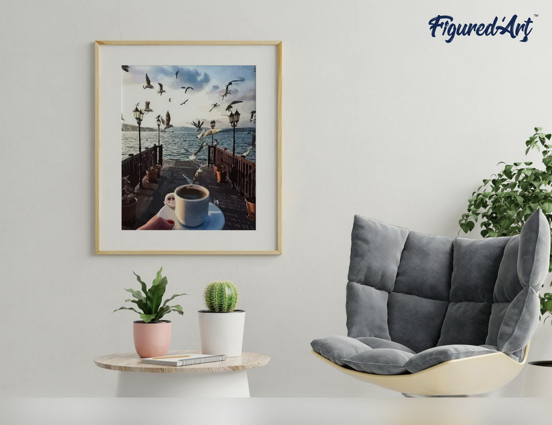 Malen nach Zahlen 40x50cm ohne Keilrahmen Figured’Art Kaffee und Möwen am Wasser