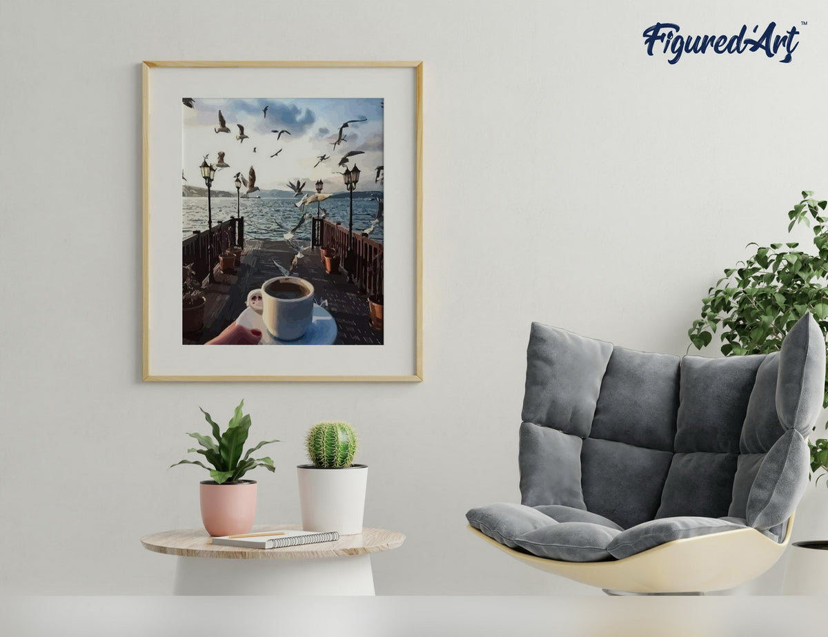 Malen nach Zahlen 40x50cm ohne Keilrahmen Figured’Art Kaffee und Möwen am Wasser - Kidis Art