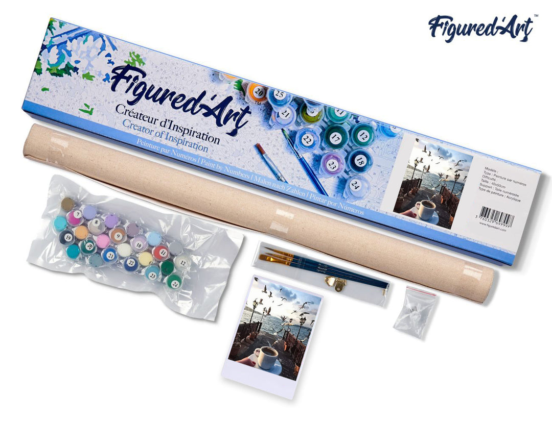 Malen nach Zahlen 40x50cm ohne Keilrahmen Figured’Art Kaffee und Möwen am Wasser