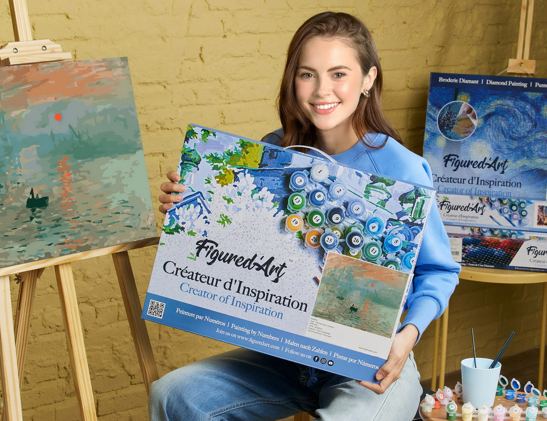 Malen nach Zahlen 40x50cm auf Keilrahmen gespannt Figured’Art Sonnenaufgang – Monet - Kidis Art