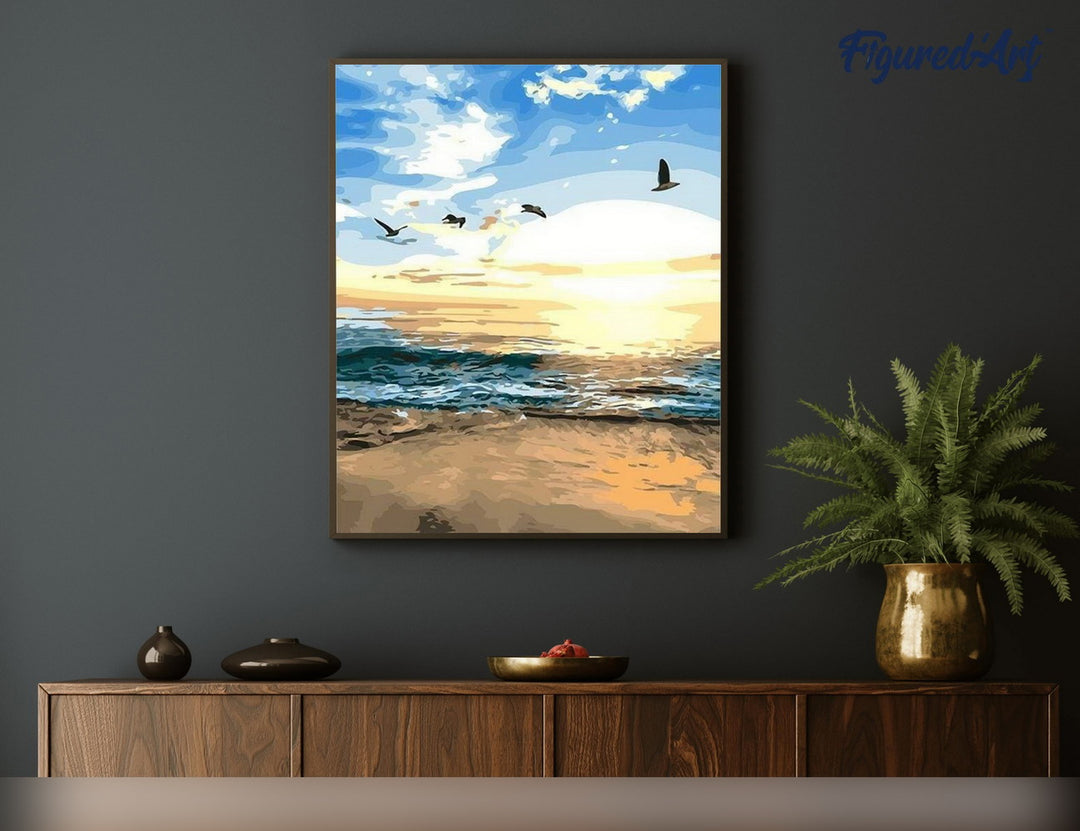 Malen nach Zahlen 40x50cm ohne Keilrahmen Figured’Art Vögel am Strand