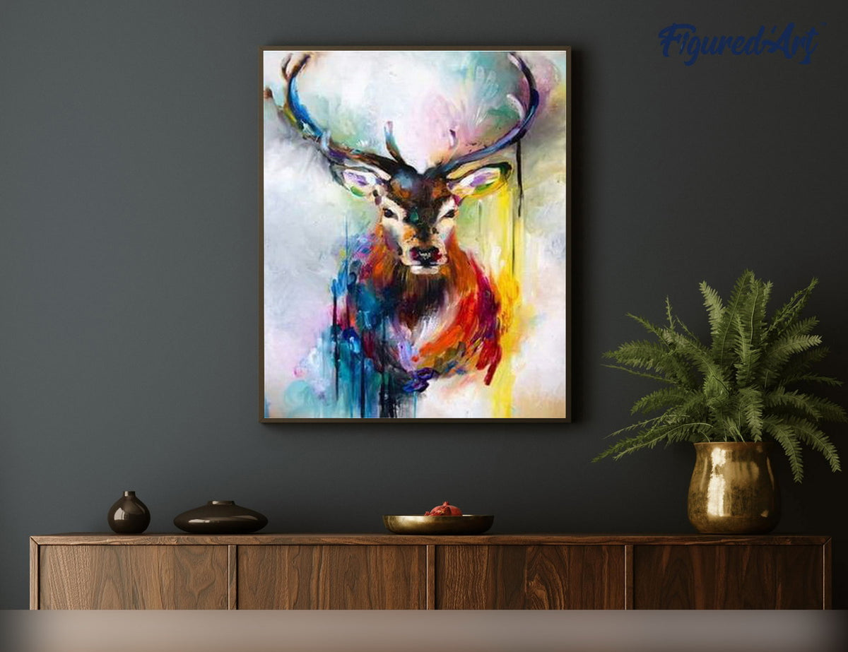 Malen nach Zahlen 40x50cm ohne Keilrahmen Figured’Art Portrait bunter Hirsch - Kidis Art