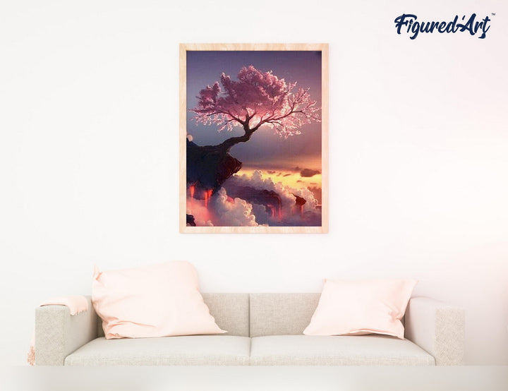 Malen nach Zahlen 40x50cm ohne Keilrahmen Figured’Art Rosaroter Baum und Wolken