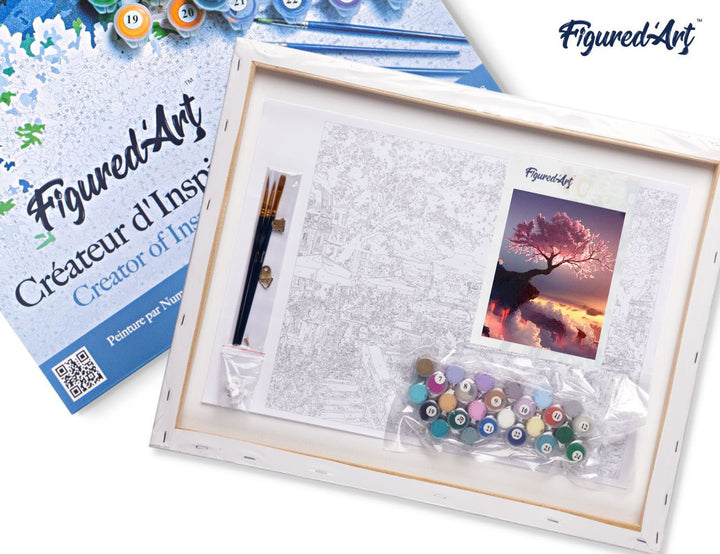 Figured'Art Malen nach Zahlen 40x50cm auf Keilrahmen gespannt Rosaroter Baum und Wolken - Kidis Art