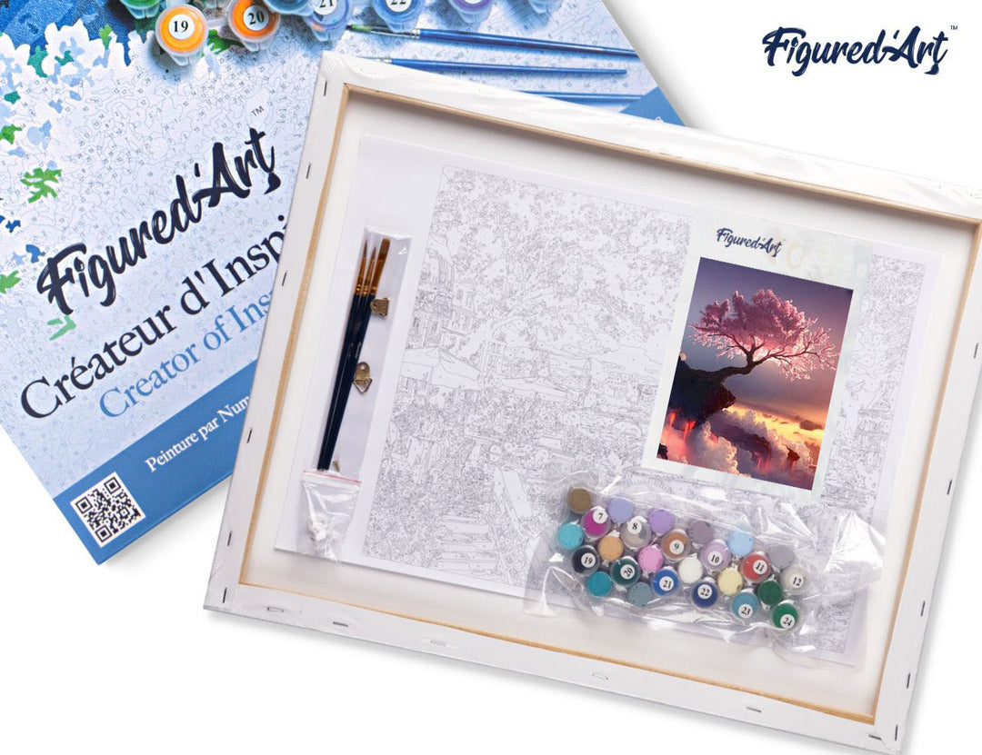 Malen nach Zahlen 40x50cm auf Keilrahmen gespannt Figured’Art Rosaroter Baum und Wolken