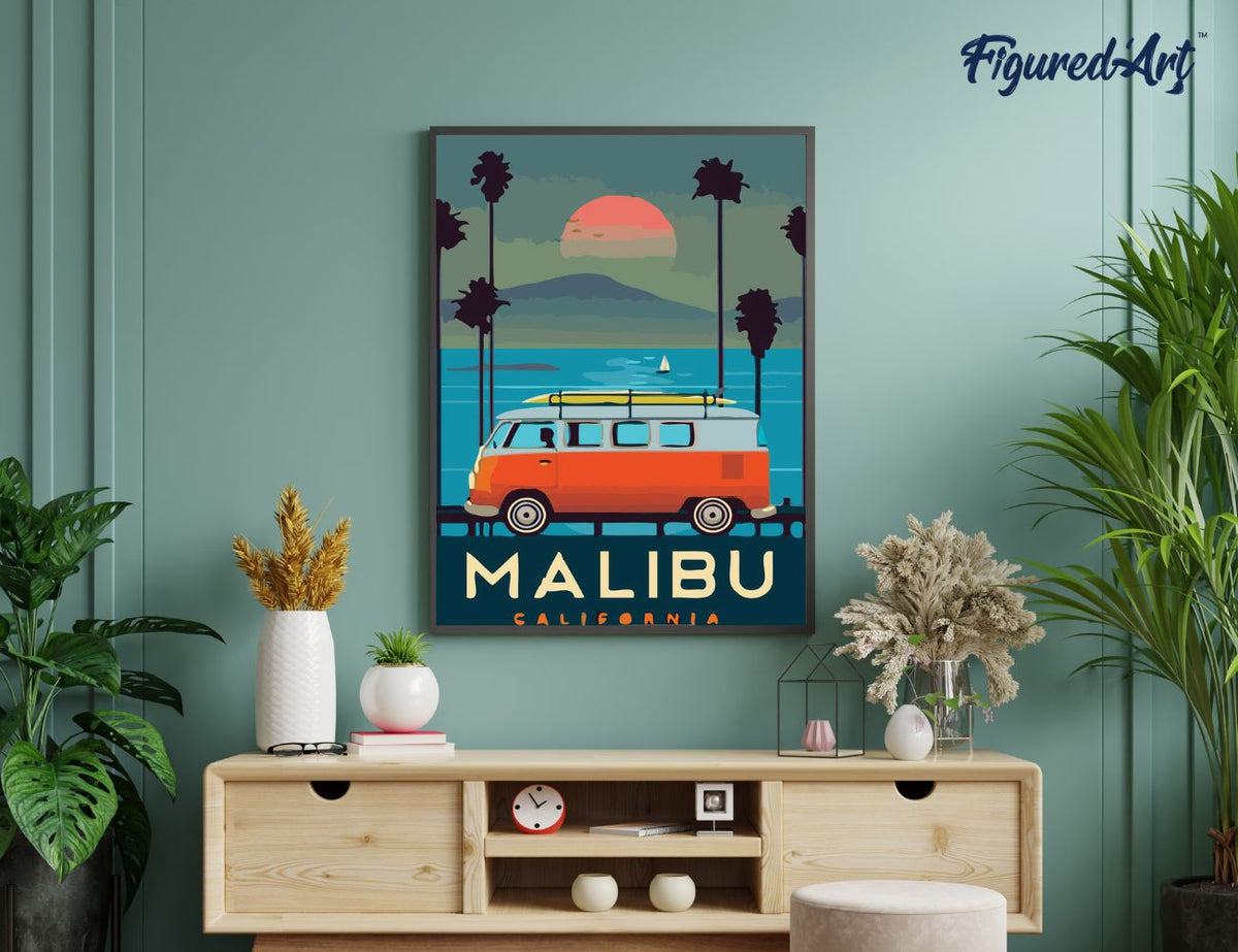 Malen nach Zahlen 40x50cm ohne Keilrahmen Figured’Art Reiseposter Malibu Kalifornien - Kidis Art
