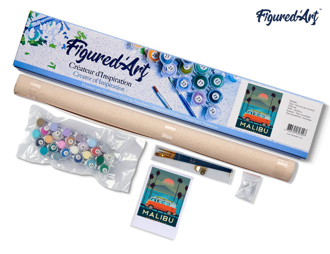 Malen nach Zahlen 40x50cm ohne Keilrahmen Figured’Art Reiseposter Malibu Kalifornien