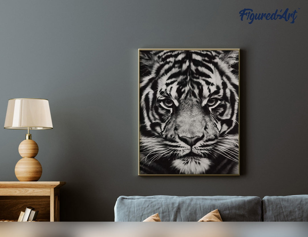 Malen nach Zahlen 40x50cm ohne Keilrahmen Figured’Art Tigerkopf in schwarzweiss
