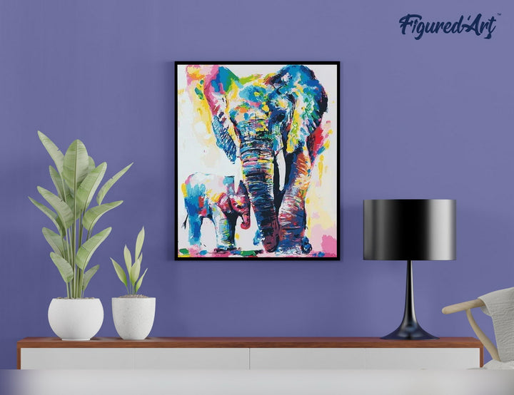 Malen nach Zahlen 40x50cm auf Keilrahmen gespannt Figured’Art Elefanten Aquarell