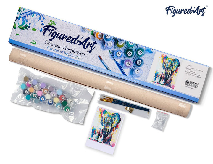 Malen nach Zahlen 40x50cm ohne Keilrahmen Figured’Art Elefanten Aquarell - Kidis Art