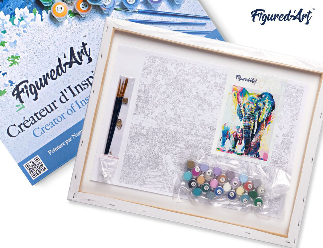 Malen nach Zahlen 40x50cm auf Keilrahmen gespannt Figured’Art Elefanten Aquarell