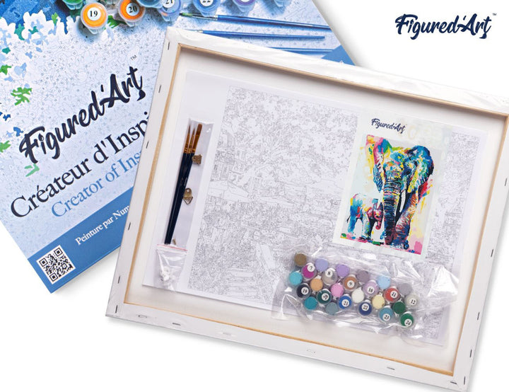 Malen nach Zahlen 40x50cm auf Keilrahmen gespannt Figured’Art Elefanten Aquarell