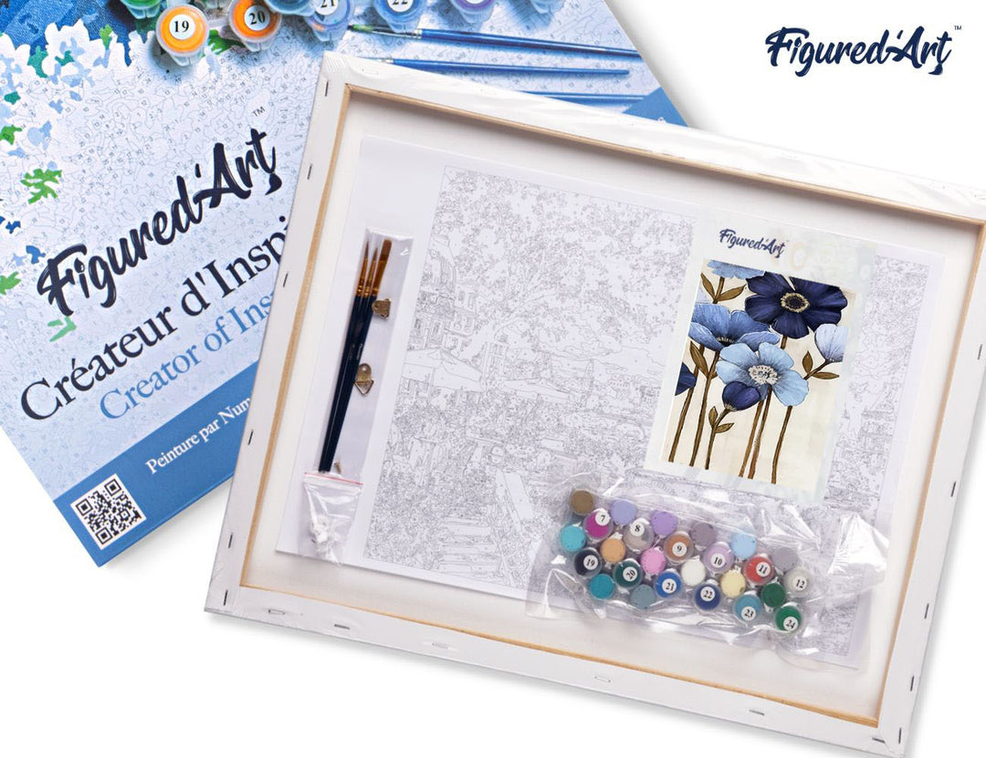 Malen nach Zahlen 40x50cm auf Keilrahmen gespannt Figured’Art Blaue Blüten