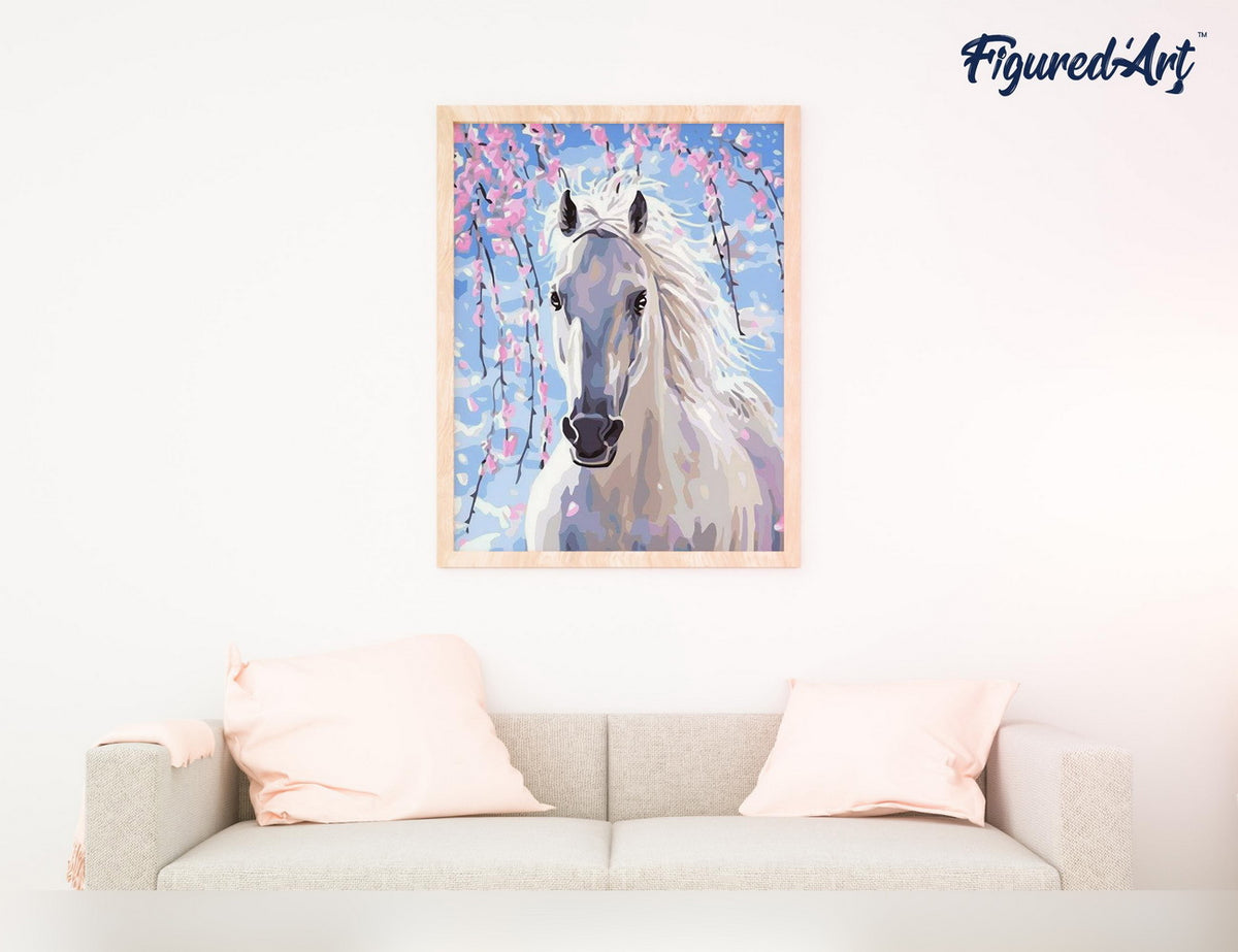Malen nach Zahlen 40x50cm ohne Keilrahmen Figured’Art Pferd und weisse Blumen - Kidis Art