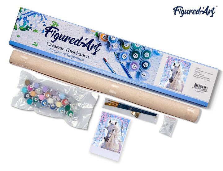 Malen nach Zahlen 40x50cm ohne Keilrahmen Figured’Art Pferd und weisse Blumen