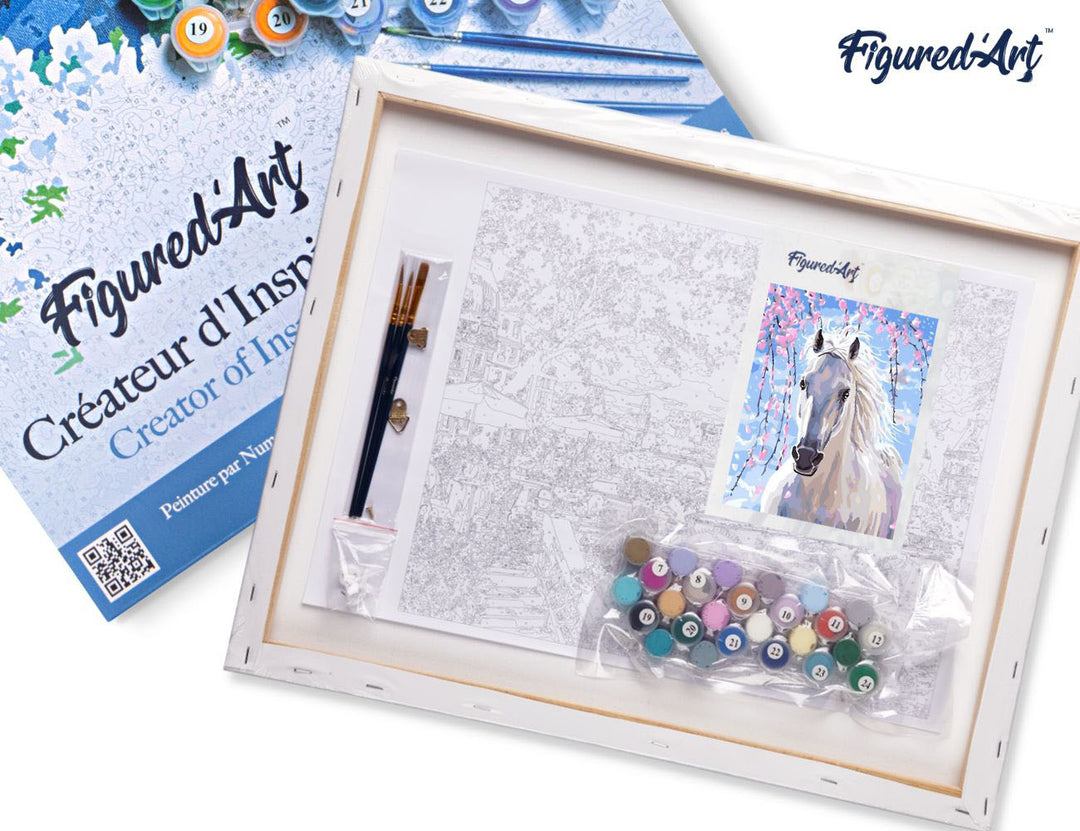 Malen nach Zahlen 40x50cm auf Keilrahmen gespannt Figured’Art Pferd und weisse Blumen