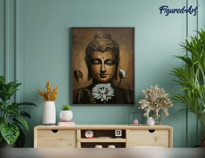 Malen nach Zahlen 40x50cm ohne Keilrahmen Figured’Art Gesicht des Buddhas und Lotusblume - Kidis Art