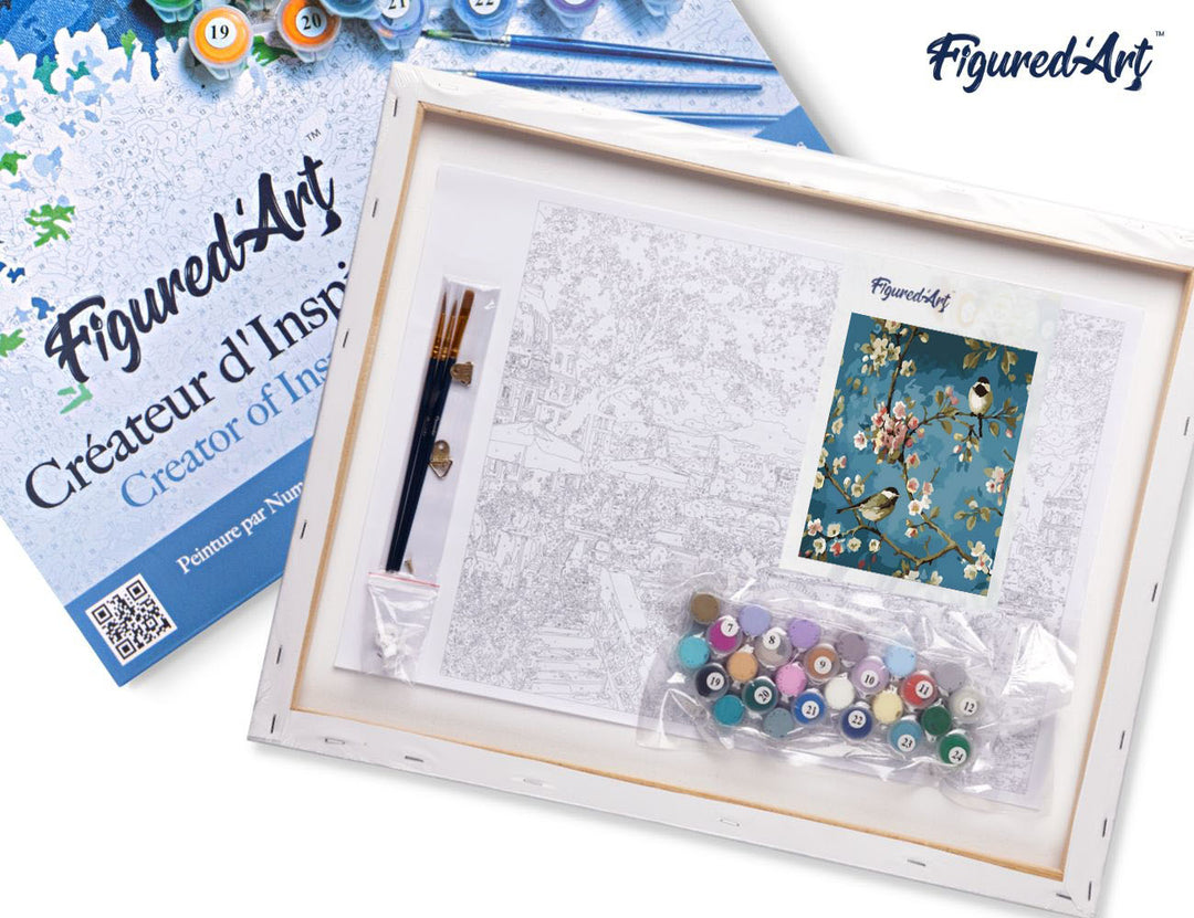 Malen nach Zahlen 40x50cm auf Keilrahmen gespannt Figured’Art Blumen und Vögel