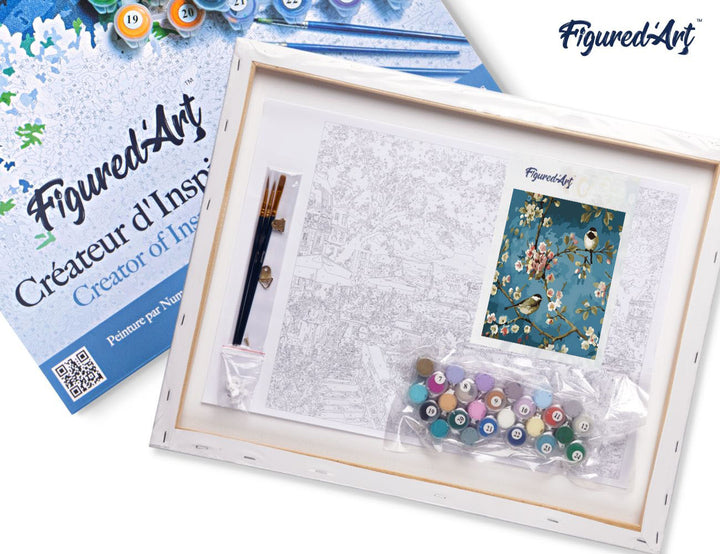 Malen nach Zahlen 40x50cm auf Keilrahmen gespannt Figured’Art Blumen und Vögel