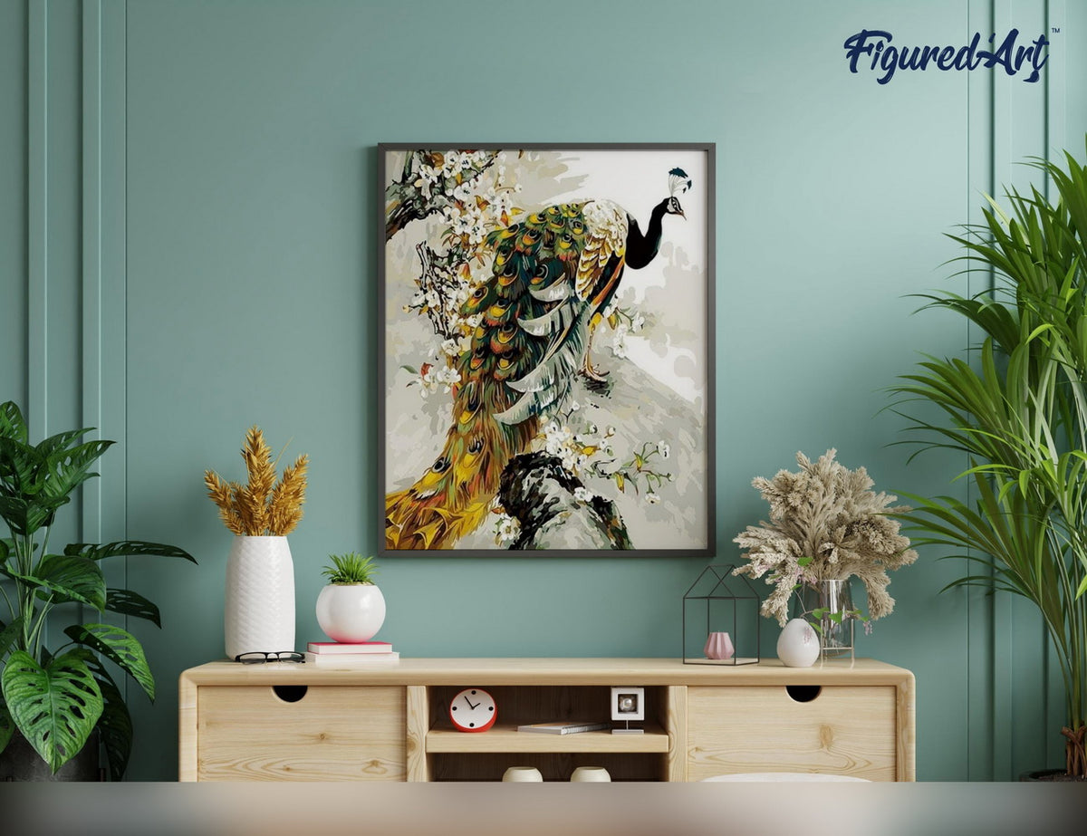 Malen nach Zahlen 40x50cm ohne Keilrahmen Figured’Art Goldener Pfau - Kidis Art