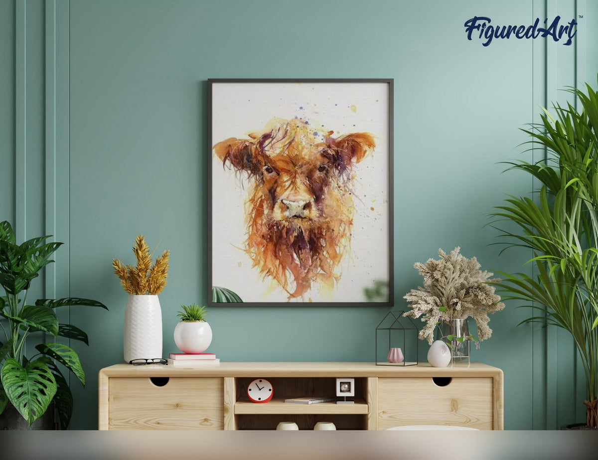 Malen nach Zahlen 40x50cm ohne Keilrahmen Figured’Art Braune Kuh mit langen Haaren - Kidis Art