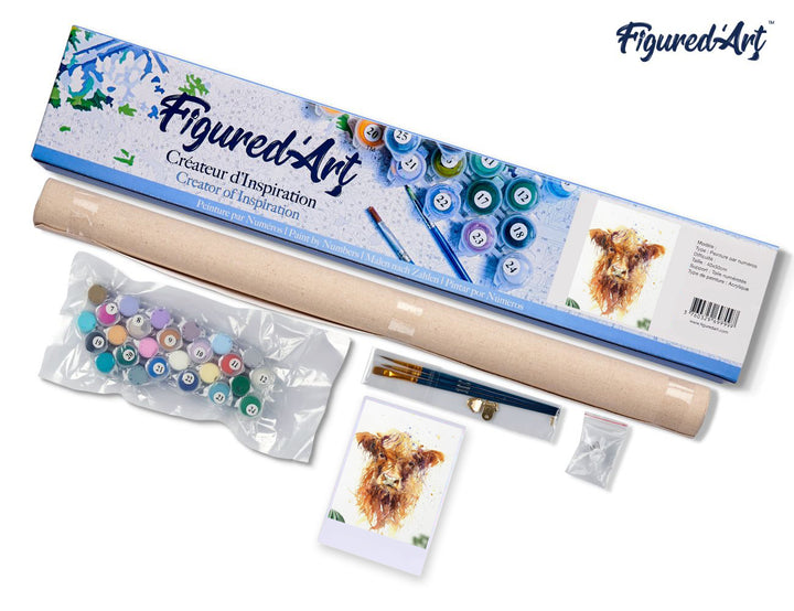 Malen nach Zahlen 40x50cm ohne Keilrahmen Figured’Art Braune Kuh mit langen Haaren - Kidis Art