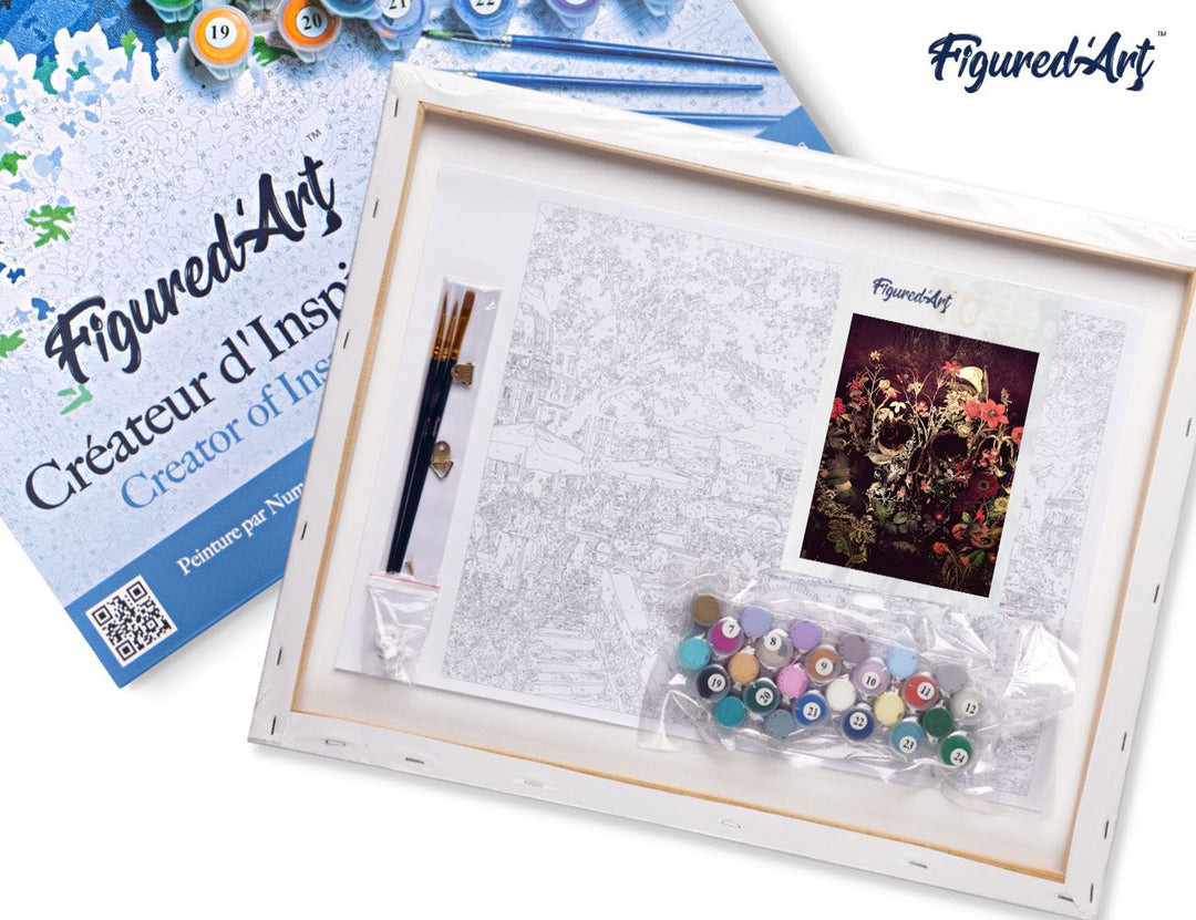 Malen nach Zahlen 40x50cm auf Keilrahmen gespannt Figured’Art Stilisierter Totenkopf - Kidis Art