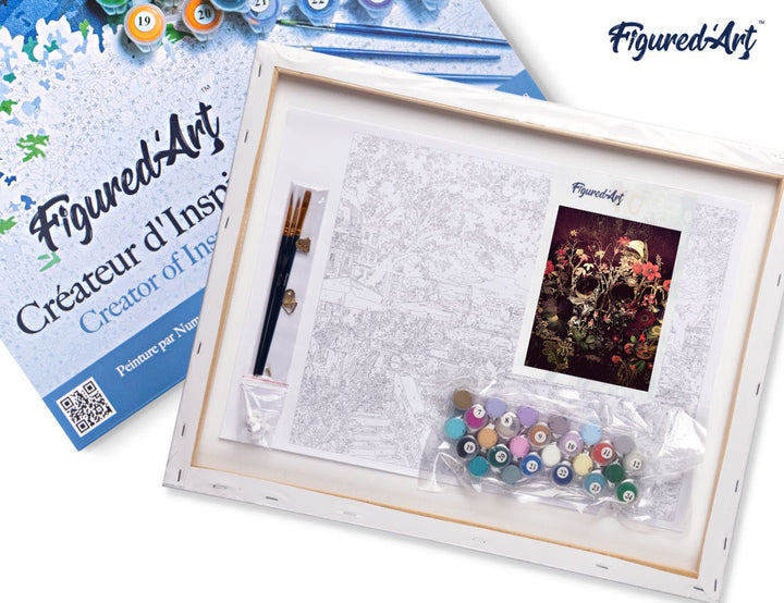 Malen nach Zahlen 40x50cm auf Keilrahmen gespannt Figured’Art Stilisierter Totenkopf - Kidis Art