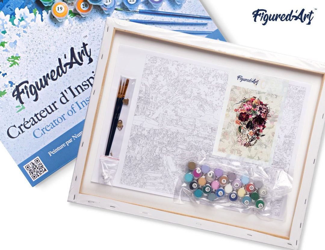 Malen nach Zahlen 40x50cm auf Keilrahmen gespannt Figured’Art Verzierter Schädel - Kidis Art