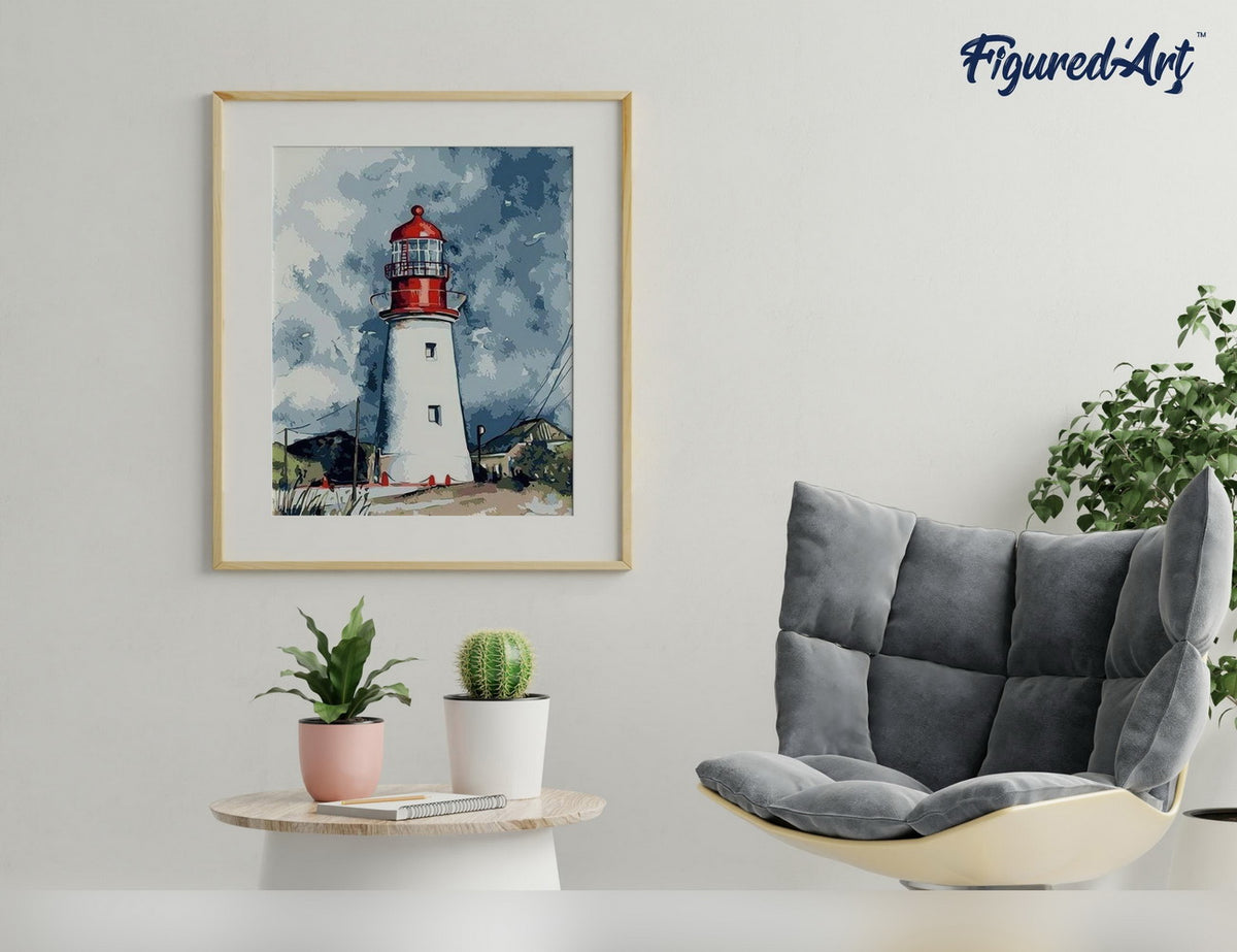 Malen nach Zahlen 40x50cm ohne Keilrahmen Figured’Art Leuchtturm unter dunklem Himmel - Kidis Art