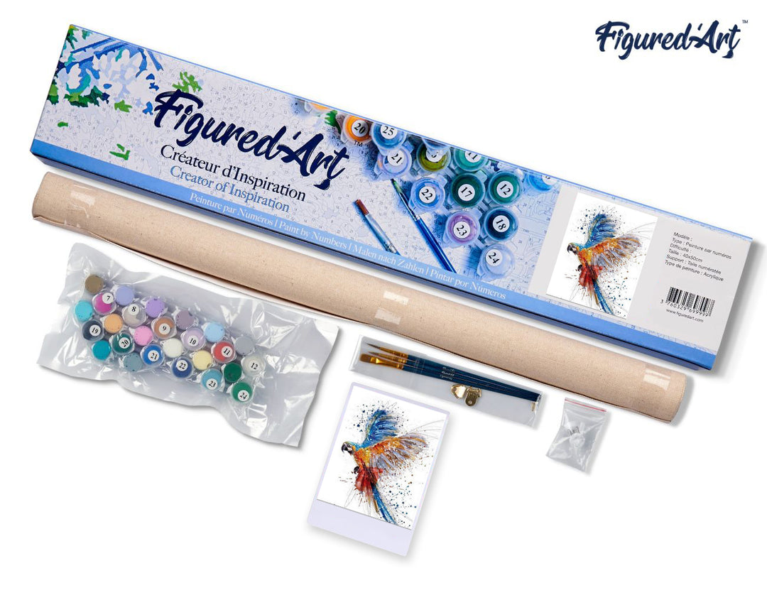 Malen nach Zahlen 40x50cm ohne Keilrahmen Figured’Art Papagei in vollem Flug