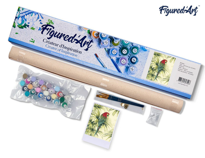 Malen nach Zahlen 40x50cm ohne Keilrahmen Figured’Art Papagei und grüne Pflanze