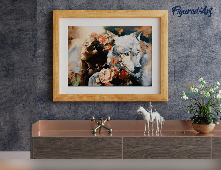 Malen nach Zahlen 40x50cm ohne Keilrahmen Figured’Art Frau und weisser Wolf