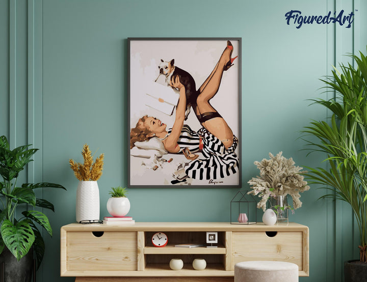 Malen nach Zahlen 40x50cm ohne Keilrahmen Figured’Art Pin-Up-Girl im gestreiften Kleid