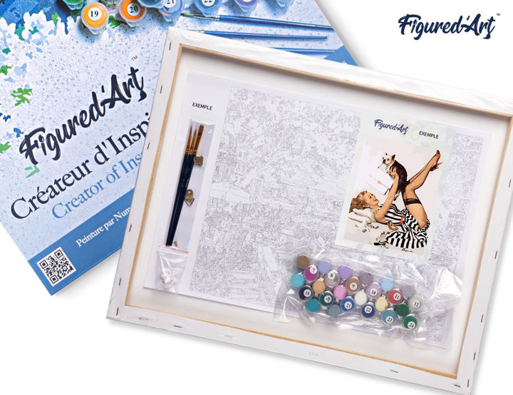 Malen nach Zahlen 40x50cm auf Keilrahmen gespannt Figured’Art Pin-Up-Girl im gestreiften Kleid