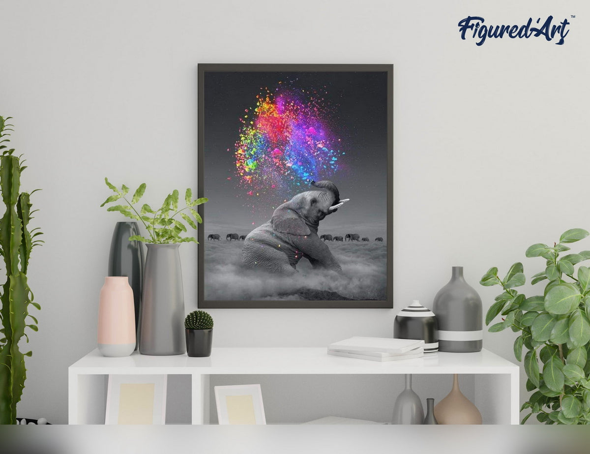 Malen nach Zahlen 40x50cm ohne Keilrahmen Figured’Art Elefant und Farbexplosion - Kidis Art