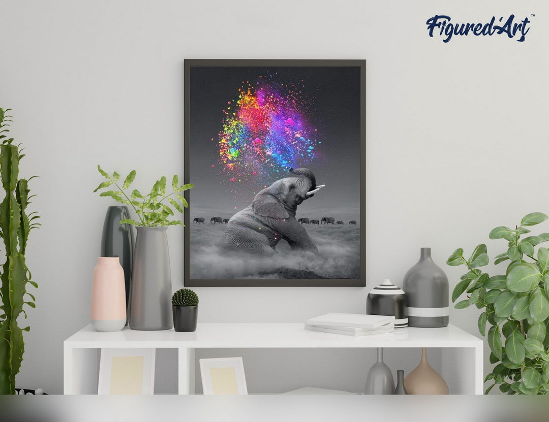 Malen nach Zahlen 40x50cm auf Keilrahmen gespannt Figured’Art Elefant und Farbexplosion