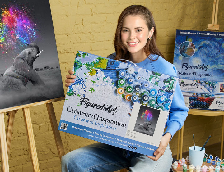 Malen nach Zahlen 40x50cm auf Keilrahmen gespannt Figured’Art Elefant und Farbexplosion