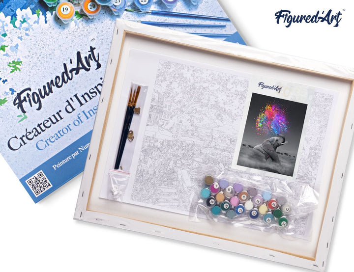 Malen nach Zahlen 40x50cm auf Keilrahmen gespannt Figured’Art Elefant und Farbexplosion