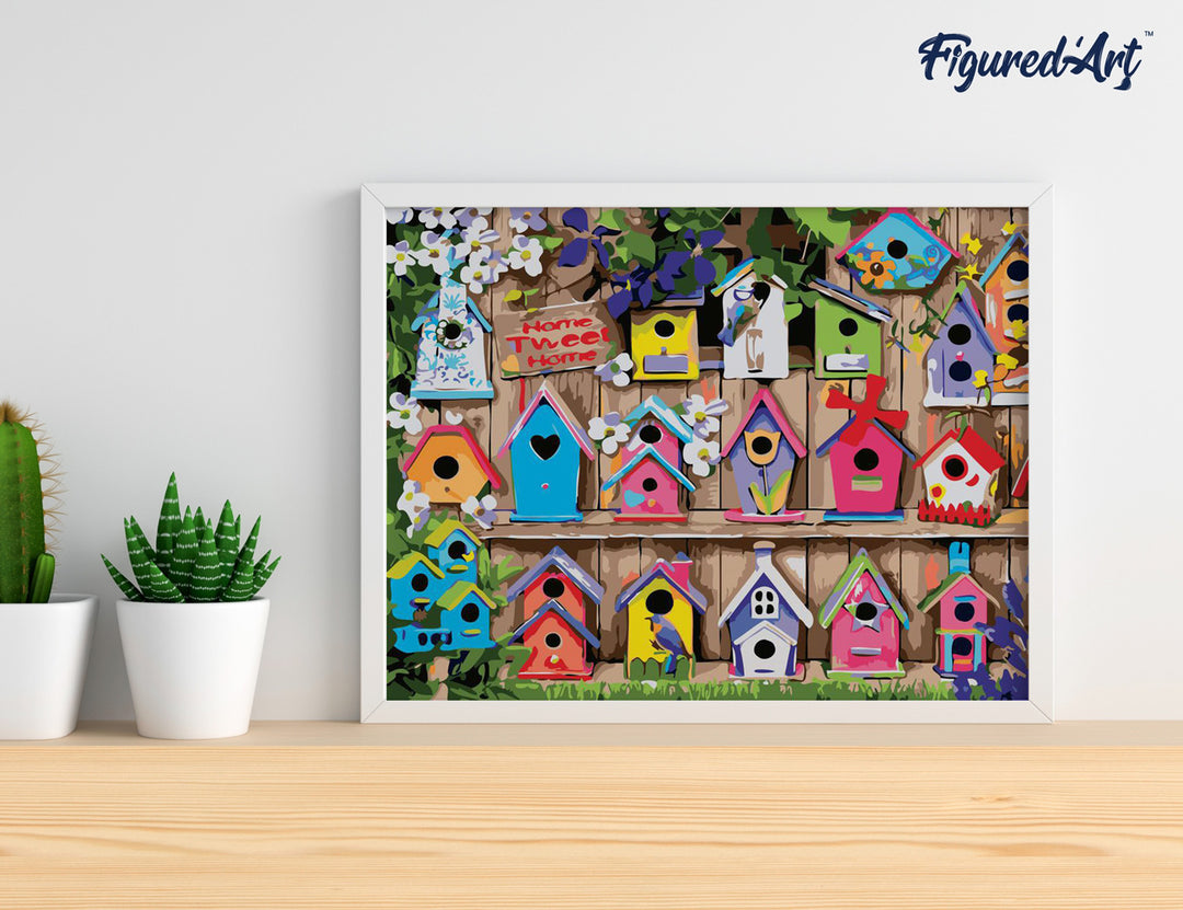 Malen nach Zahlen 40x50cm auf Keilrahmen gespannt Figured’Art Vogelhäuschen - Kidis Art