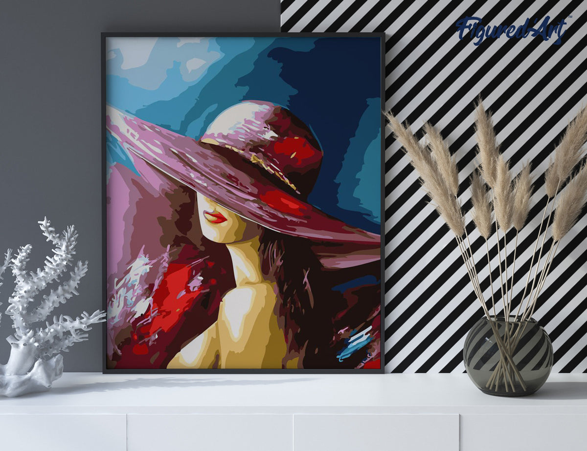 Malen nach Zahlen 40x50cm auf Keilrahmen gespannt Figured’Art Attraktive Frau im Hut - Kidis Art