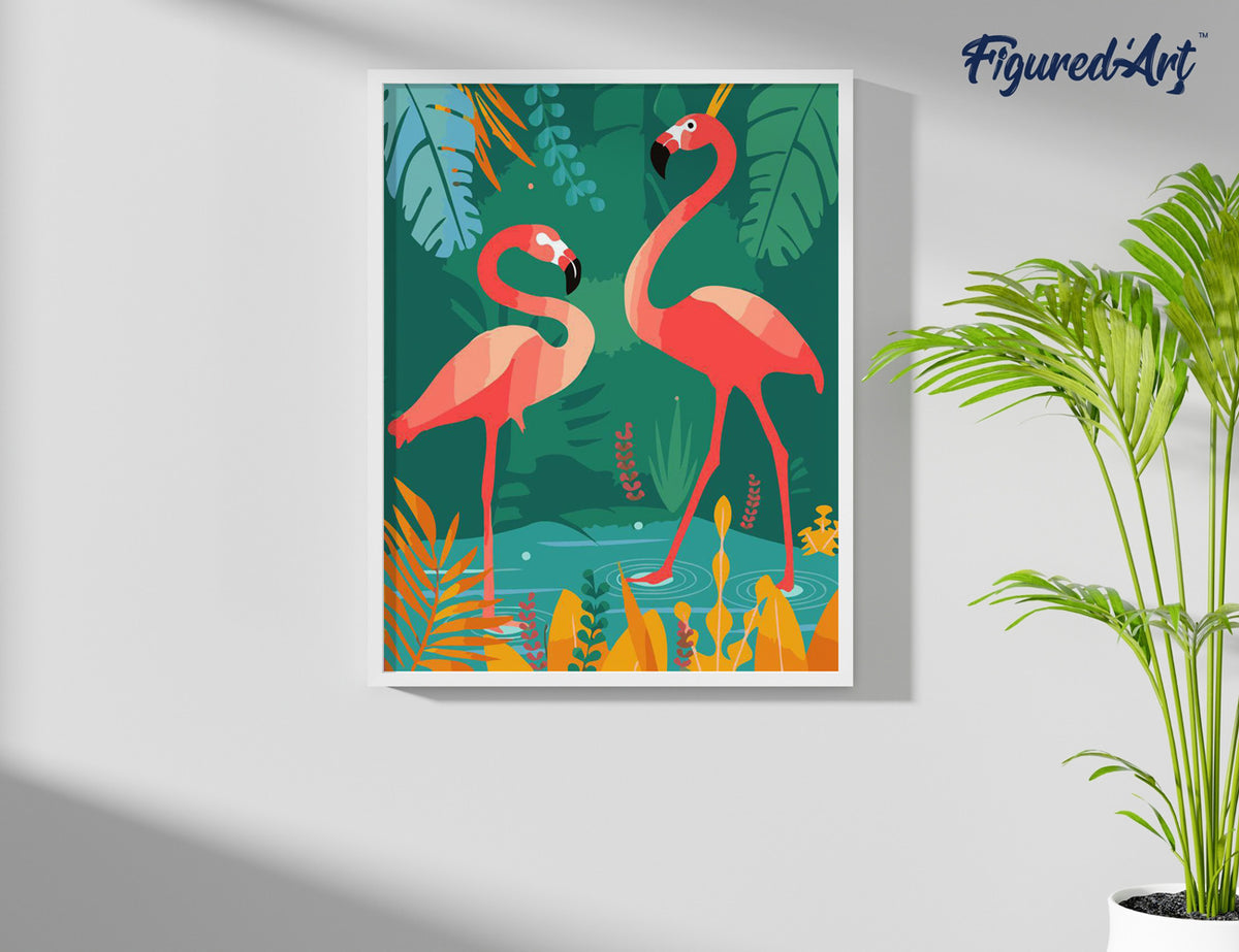 Malen nach Zahlen 40x50cm auf Keilrahmen gespannt Figured’Art Flamingos im Wasser - Kidis Art