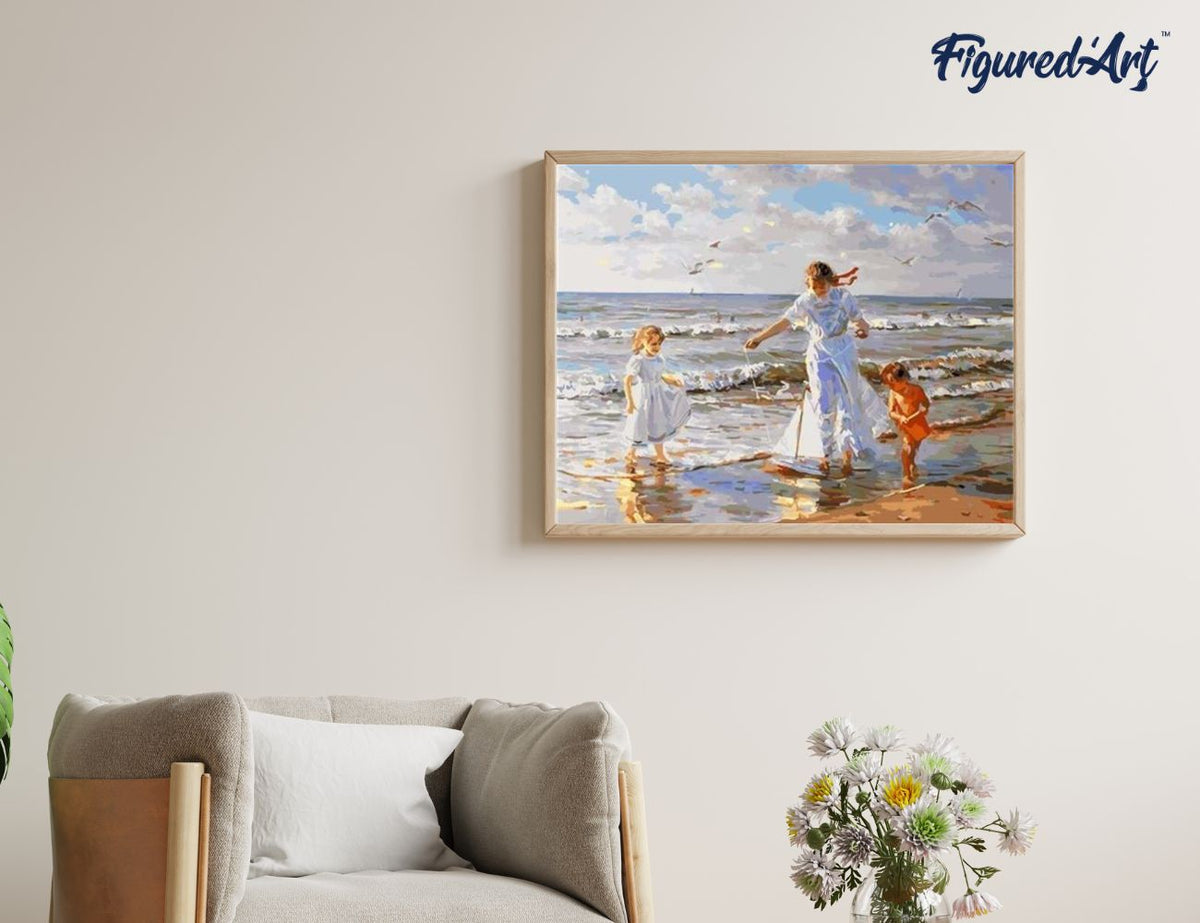 Malen nach Zahlen 40x50cm ohne Keilrahmen Figured’Art Spielen am Strand - Kidis Art