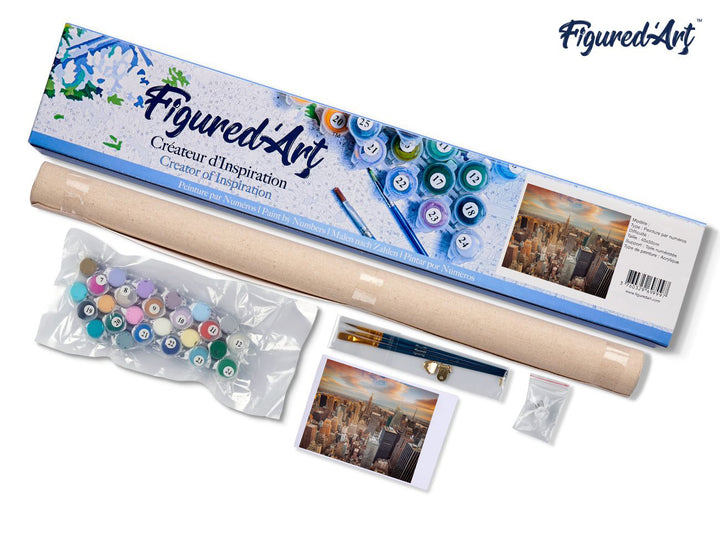 Malen nach Zahlen 40x50cm ohne Keilrahmen Figured’Art Sonnenuntergang über New York