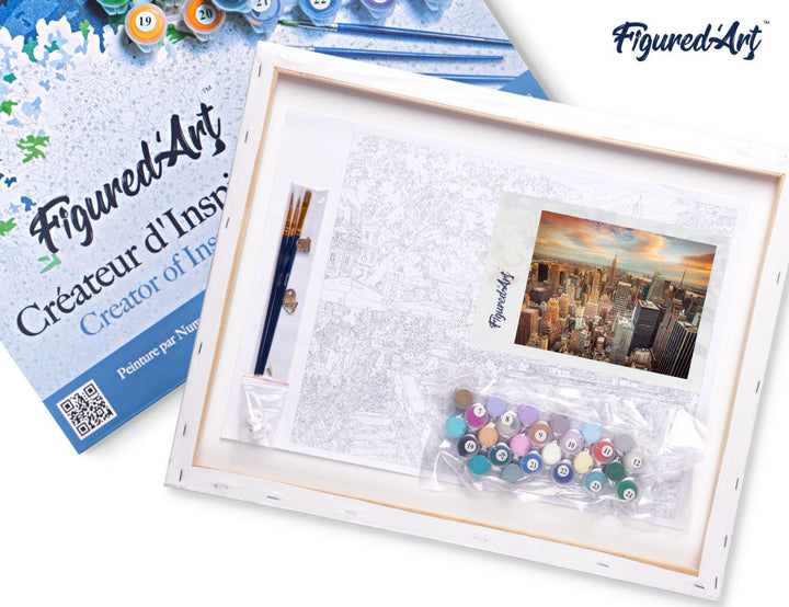 Malen nach Zahlen 40x50cm auf Keilrahmen gespannt Figured’Art Sonnenuntergang über New York - Kidis Art