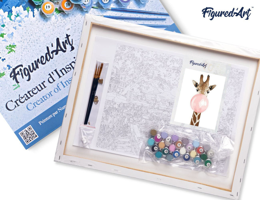 Malen nach Zahlen 40x50cm auf Keilrahmen gespannt Figured’Art Giraffe und Kaugummi