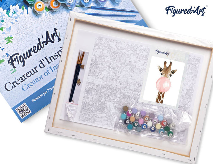 Malen nach Zahlen 40x50cm auf Keilrahmen gespannt Figured’Art Giraffe und Kaugummi